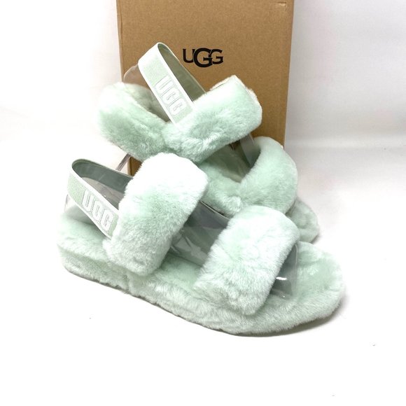 UGG Shoes - UGG Womens Size 8 1107953 RMN OH YEAH Pale Green Sheepskin Slides Slipper Sandal